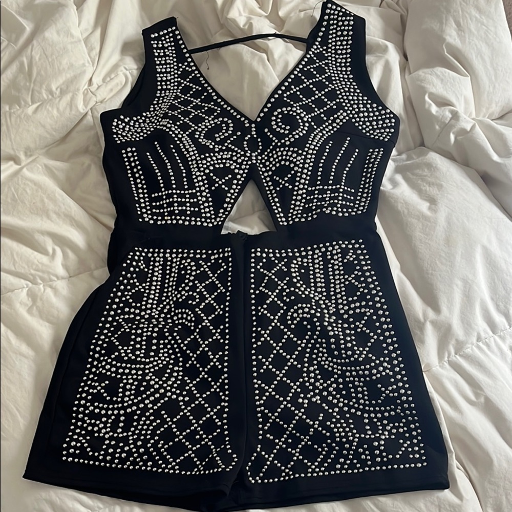 Elegant Black Silver Studded Romper